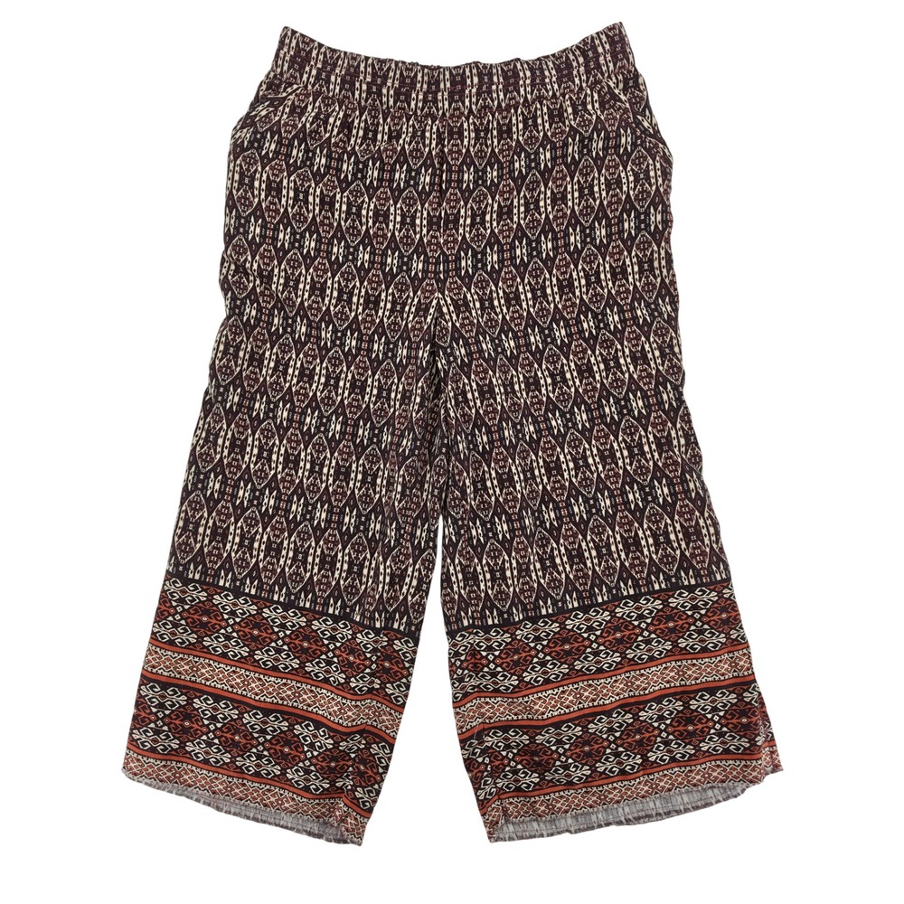 Democracy Women 1X Wide Leg Cropped Pants Geometric Ikat Print Burgundy Bohemian